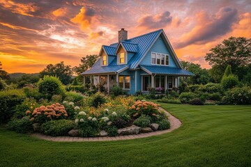 Aufkleber - Blue house with vibrant flower garden at sunset.