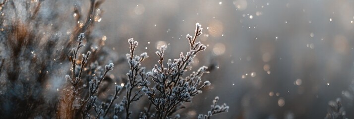 Aufkleber - Frost-covered branches with bokeh background.