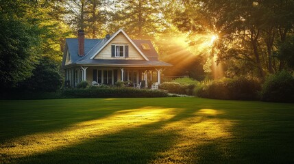 Poster - Golden hour sunlight streams through trees illuminating a charming house on a lush green lawn.