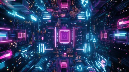 Poster - Abstract neon glowing digital circuit board tunnel.