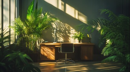 Poster - Sunlit home office with lush tropical plants, wooden desk, and chair.
