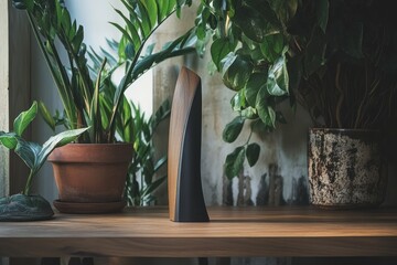 Aufkleber - Modern wooden sculpture stands on a wooden table among potted plants near a window.