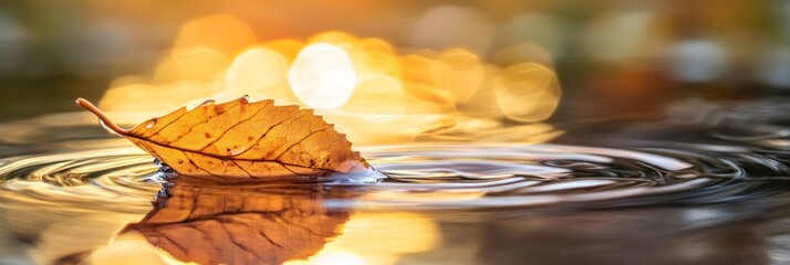 Fototapete - Golden autumn leaf floats on calm water, creating ripples.