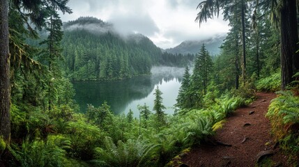 Poster - Serene mountain lake nestled in lush evergreen forest, misty atmosphere, tranquil scene.