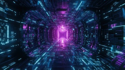 Poster - Abstract digital tunnel with glowing purple and blue lines and data streams.
