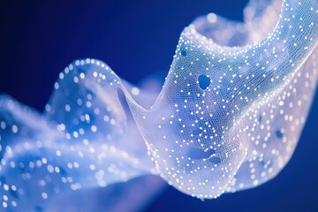 Poster - Abstract blue flowing wave with white dots, network concept.