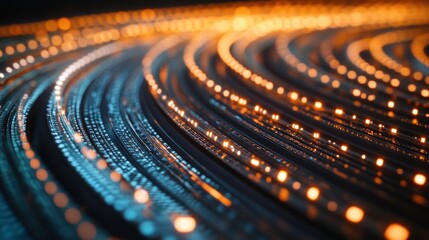 Aufkleber - Abstract glowing fiber optic cables curving, forming concentric circles with bright light points.