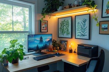 Poster - Cozy home office with plants, computer, and natural light.