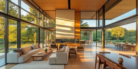 Poster - Sunlit modern living room with floor-to-ceiling windows overlooking a tranquil landscape.
