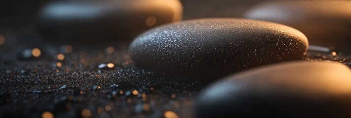 Poster - Close-up of smooth, dark grey stones on a textured, dark surface with subtle lighting.