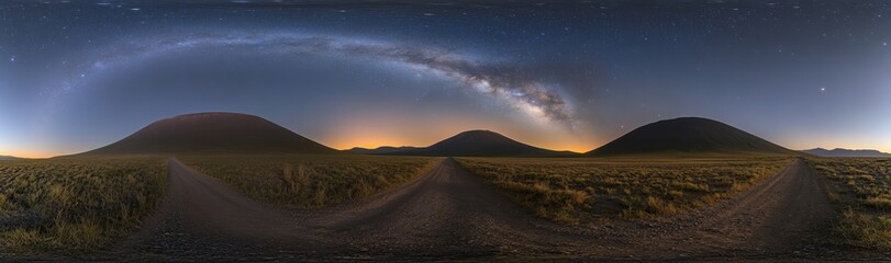 Milky Way galaxy seen in a landscape setting. Night sky dotted with stars.