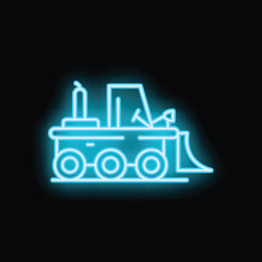 Poster - Bright blue neon sign depicting a bulldozer, suitable for use in designs relating to construction, heavy machinery, and engineering