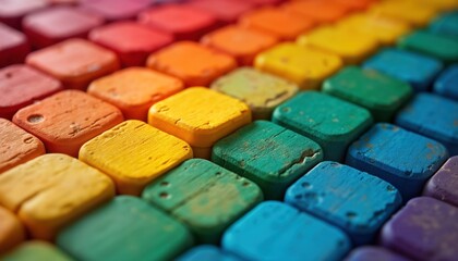 Aufkleber - Colorful wooden blocks arranged in spectrum of colors. Close-up view shows vibrant hues. Perfect background for creative projects design templates. Multi-colored wooden block art. Ideal for wallpaper