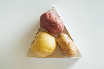 Poster - Three potatoes of different colors and shapes arranged in a triangle on a white background.