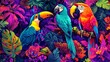 © thongsook - A vibrant depiction of rainforest animals, including a parrot, toucan, and frog, set against a multicolored tropical foliage background.