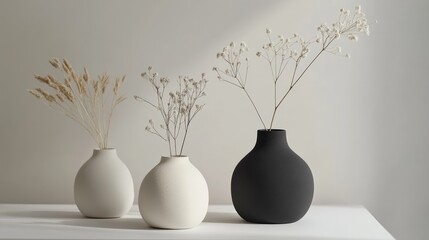 Poster - Minimalist vase trio with dried flowers on a white table showcasing simplicity and calm in modern home interior decoration.
