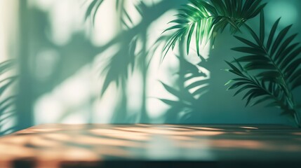 Poster - Wood table with sunlight casting leaf shadows on wall featuring green plant foreground warm light tones for product display mockup.