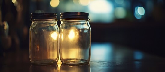 Poster - Two illuminated glass jars creating a warm and cozy atmosphere with soft reflections under gentle lighting in a blurred background setting