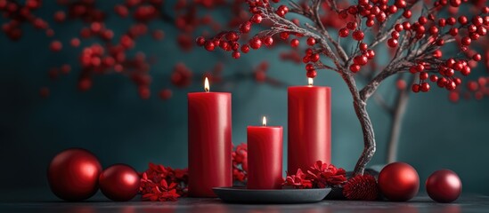Poster - Red candles arranged with decorative tree branches and vibrant baubles creating a festive atmosphere for celebrations and holidays.
