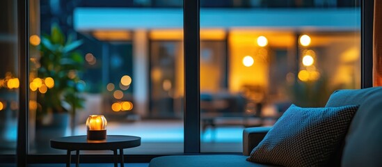 Poster - Cozy night interior featuring bokeh lights through a blurred window creating an inviting atmosphere with warm tones and modern furnishings