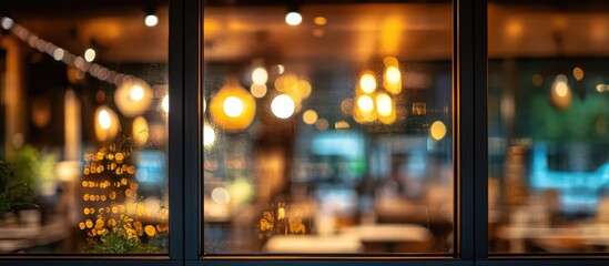 Poster - Blurry window view showcasing vibrant bokeh lights creating a cozy atmosphere in an elegant interior setting during nighttime.