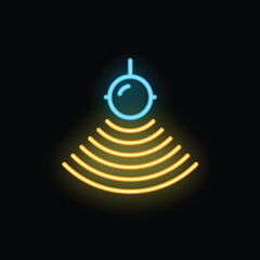 Poster - Neon icon representing a sensor emitting signals, depicted in vibrant yellow and blue neon colors against a dark background