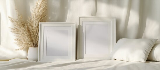 Poster - Minimalist white photo frames on a neutral background with copyspace ideal for personalized home decor accents and stylish interior design
