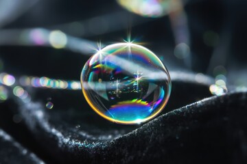 Poster - A vibrant iridescent soap bubble rests on a dark surface, reflecting light and creating starburst patterns.