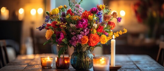 Poster - Vibrant flower arrangement with lit candles on rustic wooden table creating elegant home decor atmosphere indoors