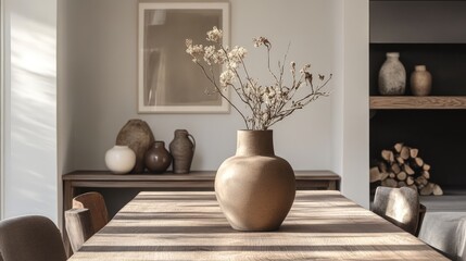 Poster - Scandinavian style dining room featuring a natural brown vase with floral arrangement on a wooden table in a minimalist interior setting