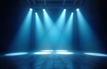 Poster - Empty stage lit by blue spotlights. Bright blue light shines on dark floor. Stage ready for event. Light beams create dramatic effect. Dark interior space with modern design. Lighting bold, vibrant.