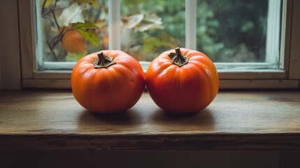 Poster - Fresh Japanese persimmons displayed on a rustic wooden table by a window with natural light highlighting their vibrant orange color