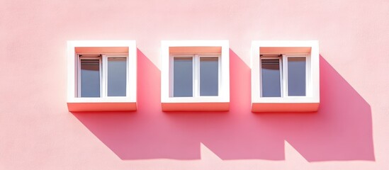 Poster - Minimalist design featuring an inverted white window among pastel pink windows on a soft pink wall with ample copy space for creative use