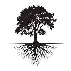 silhouette of a tree with roots on white background