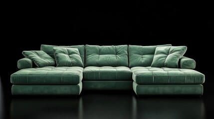 Poster - Green upholstered modern sofa with plush cushions on a sleek black background showcasing contemporary furniture design