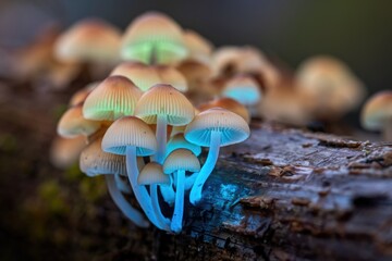 Poster - Glowing cluster of mushrooms on a decaying log, showcasing bioluminescence.