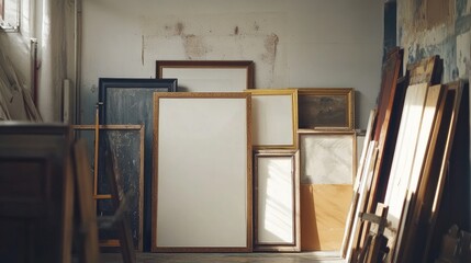 Poster - Empty picture frames stacked against a wall in a rustic setting creating a nostalgic atmosphere of artistry and potential.