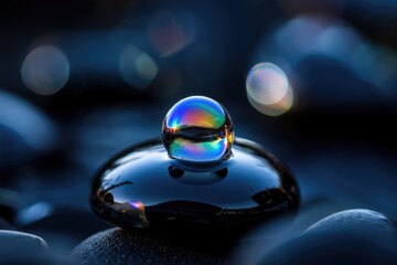 Poster - A vibrant iridescent sphere rests atop a smooth, dark stone, reflecting a myriad of colors.