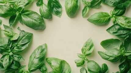 Poster - Fresh basil herb leaves arranged in a circular pattern on a light background Healthy eating concept Overhead view with space for text