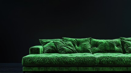 Poster - Green upholstered modern sofa with plush cushions displayed against a solid black background showcasing contemporary interior design aesthetics