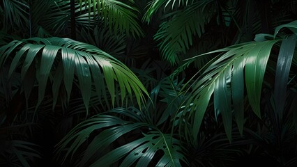 Wall Mural - closeup nature view of green leaf and palms background. Flat lay, dark nature concept, tropical leaf Generative AI