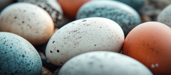Poster - Close-up view of various speckled eggs on a textured surface showcasing natural colors and unique patterns in a rustic setting