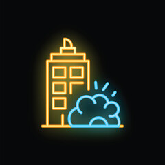 Poster - Neon style icon of building under construction with smoke cloud for mobile app and website design