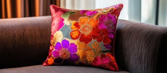Poster - Vibrant decorative pillow on modern sofa adding comfort and aesthetic appeal to a stylish contemporary living room interior design