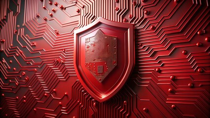 Poster - Red Circuit Board Shield: Minimalist Digital Security Stock Photo