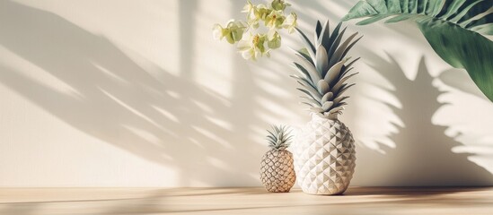 Poster - Vase with decorative pineapples illuminated by soft shadows on a wooden table against a light pastel wall backdrop