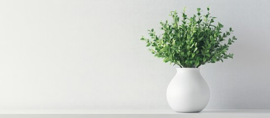 Poster - Lush green plant in a white vase on a minimalist table emphasizing fresh decor in modern interior design