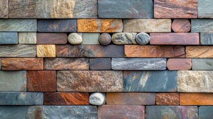 Poster - Textured brick wall featuring colorful stones in an abstract architectural design perfect for backgrounds and creative projects