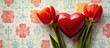 © -Quantum Pixels- - Valentine's Day greeting card design with red tulips and heart-shaped decoration on a colorful floral patterned background