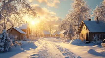 Poster - winter village at sunset with snow-covered houses and scenic landscape creating a serene evening atm